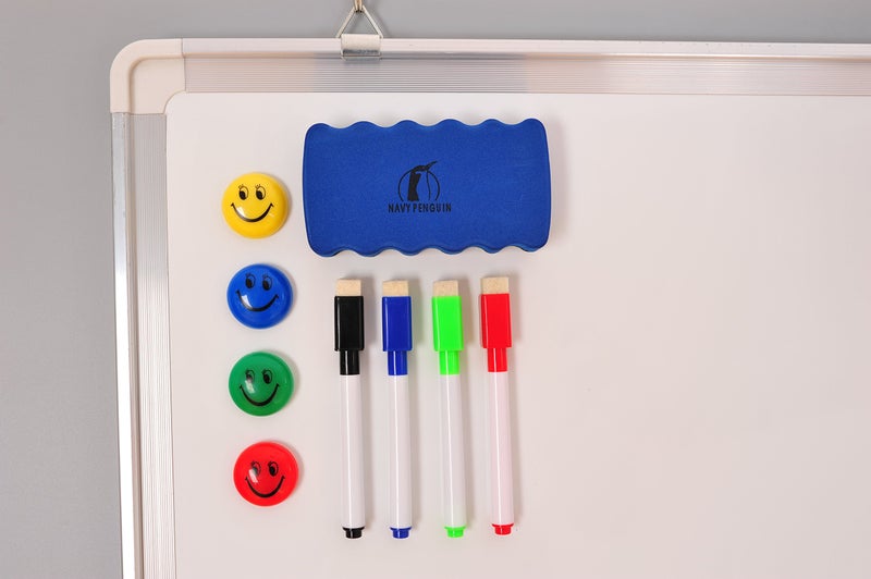 Navy Penguin White Board Cork Board Combo - 18x24 in Dry Erase Board with Cork and 1 Magnetic Eraser, 4 Dry Wipe Markers, 4 Magnets and 10 Pins - Wall Hanging Whiteboard with Corkboard for Home and Office - Image 5